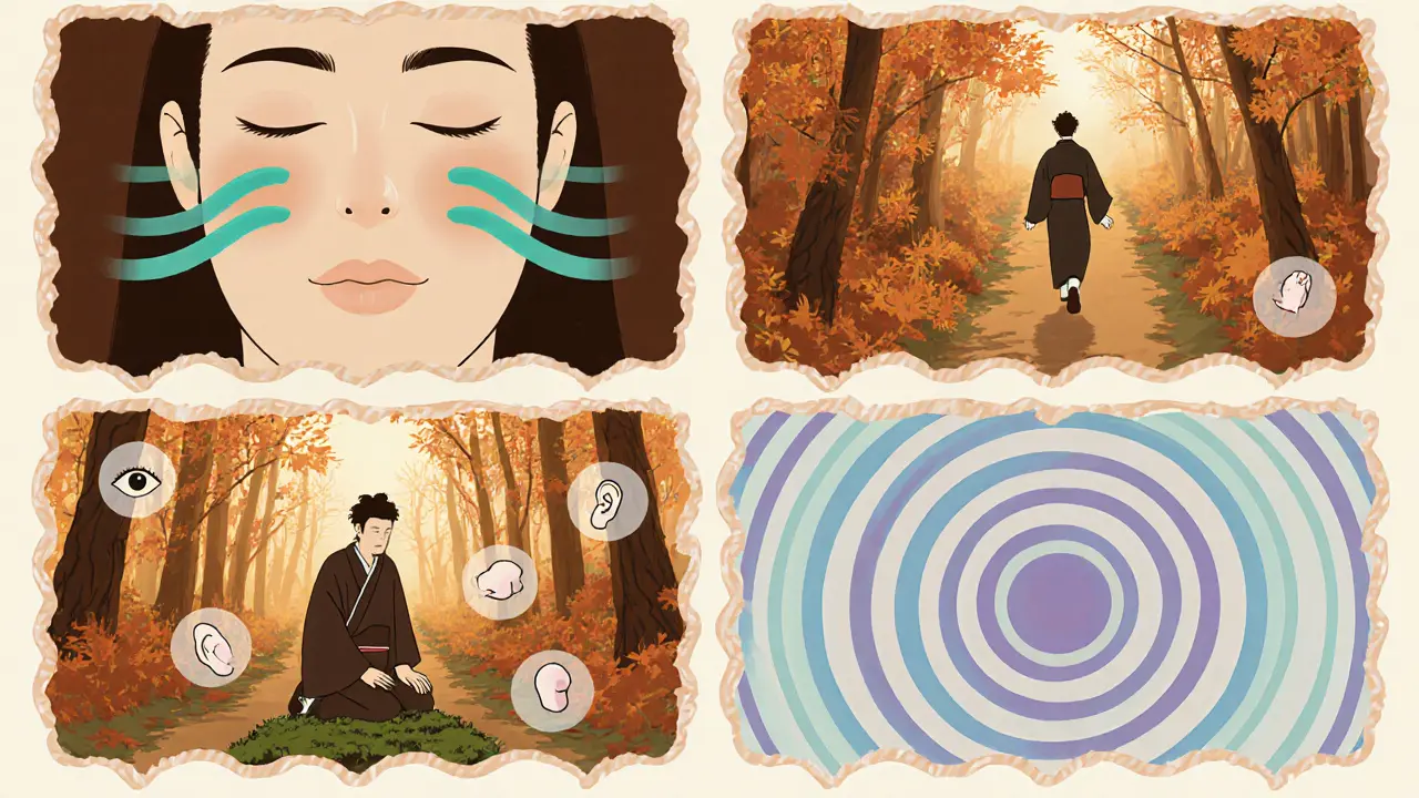 Postupné techniky: dýchání, chůze, zemnění a svalová relaxace v sérii.