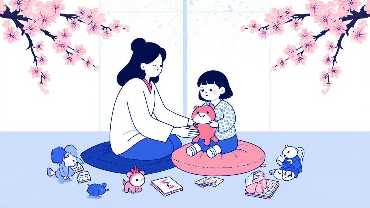 Terapeut a dítě hrají s plyšovou hračkou během hrátkové terapie.