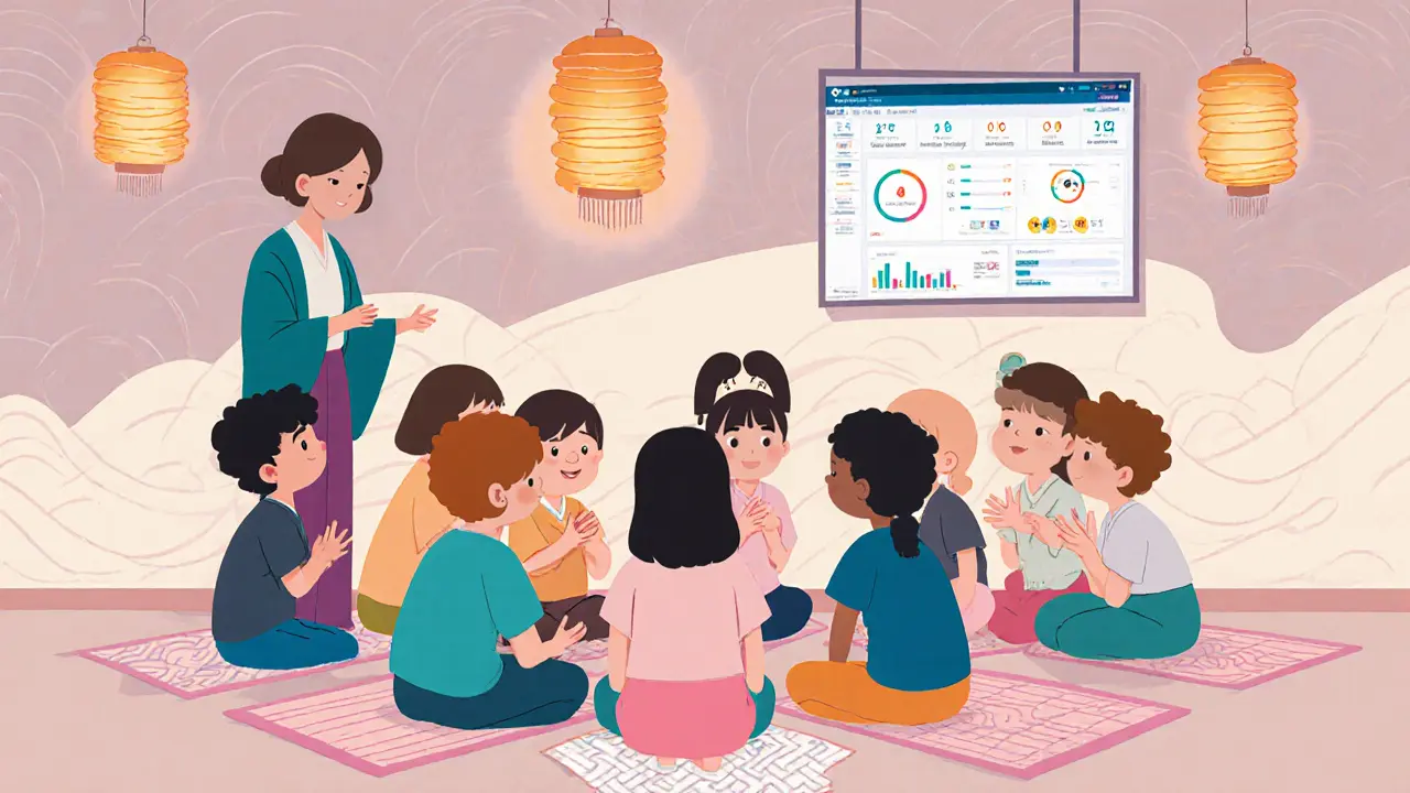 Třída během krátké terapeutické aktivity – děti, učitel a terapeut pracují ve skupině.