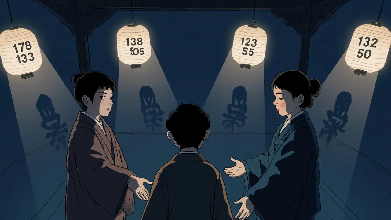 Adults standing around a silent teen, with glowing emergency phone numbers in the background.