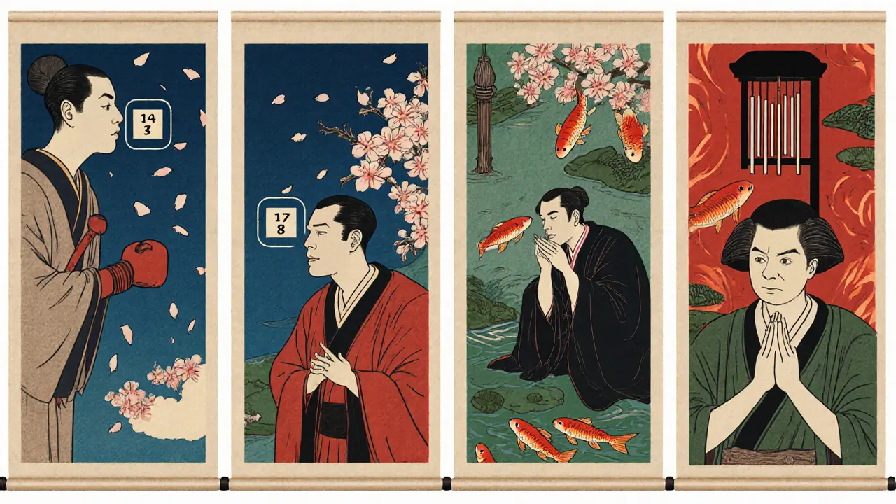 Čtyři postavy provádějí různé dechové techniky – 4‑7‑8, Box, Resonance a Diafragma – v rozdělených panelách.