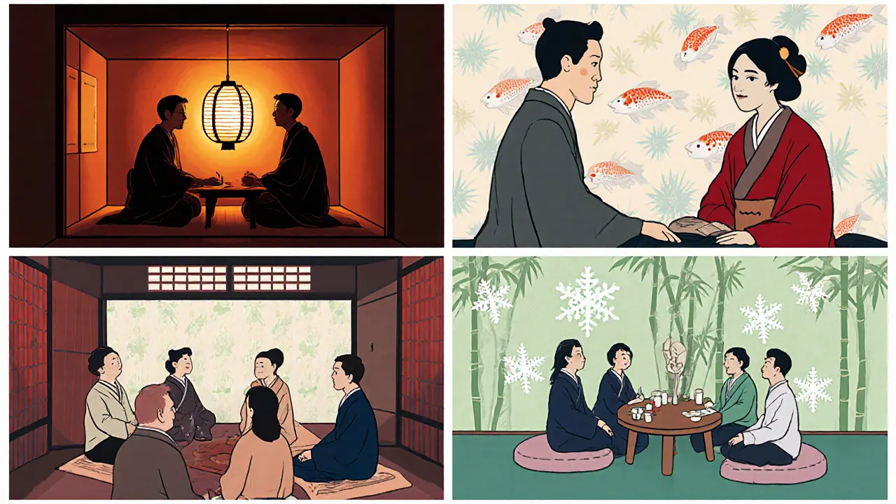 Čtyři scény ukazují individuální, párovou, skupinovou a rodinnou terapii v ukiyo‑e ilustraci.