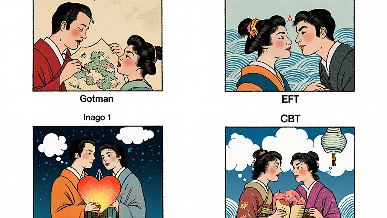 Čtyři scény zobrazující různé terapie páru během rozhovoru.