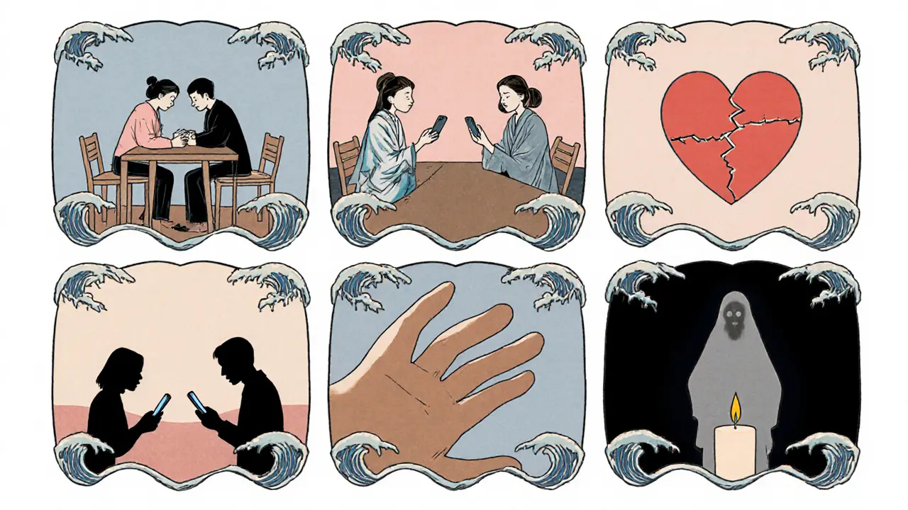 Koláž ukazující varovné signály ve vztahu.