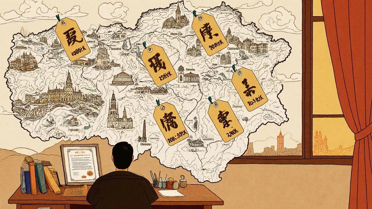 Mapa ČR v ukiyo‑e stylu s cenovými štítky pro jednotlivá regiony a terapeutické prostředí.