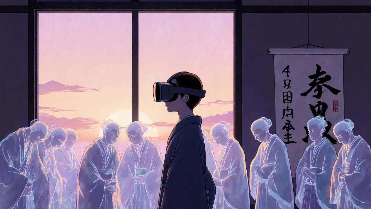 Osoba v VR brýlích, obklopená stylizovanými postavami, které neohrožují, zatímco se na pozadí rozvíjí dýchací technika.