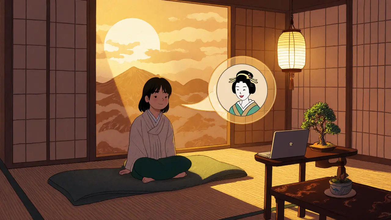 Osoba vede online terapii přes laptop v útulném domově, vykresleno ve stylu ukiyo‑e.