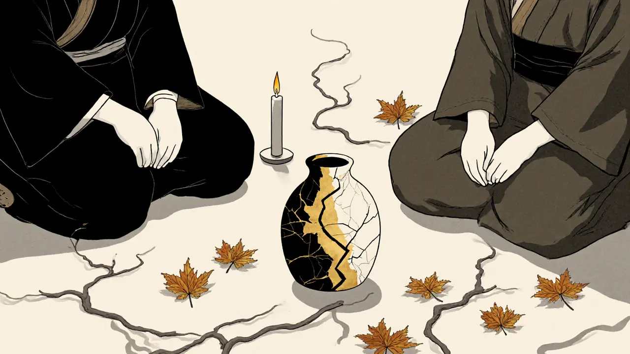 Poškozená váza je opravována zlatým lakem mezi dvojicí, jejich stíny se spojují na podlaze.