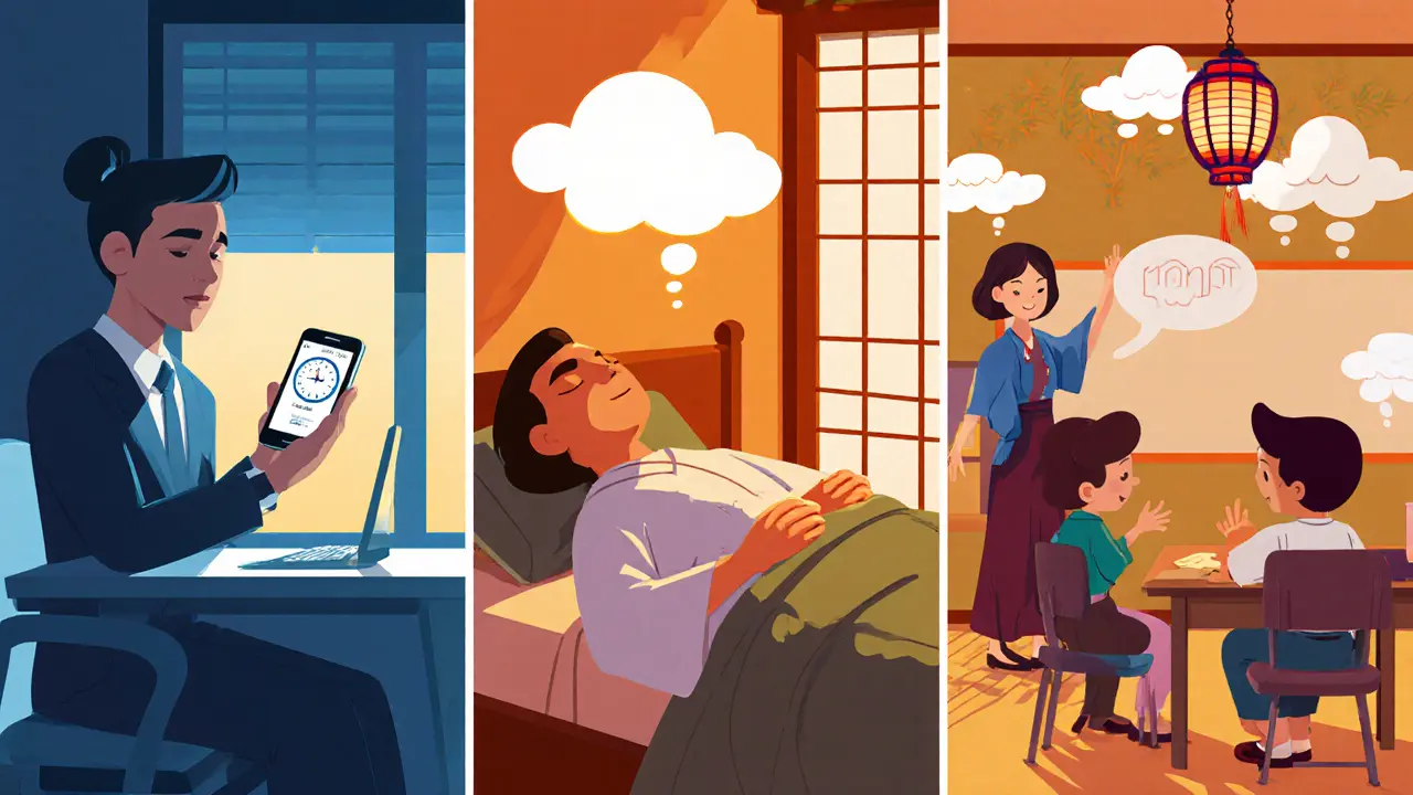 Postavy používají dechové cvičení v kanceláři, ložnici a škole, s časovačem a uklidňujícím prostředím.