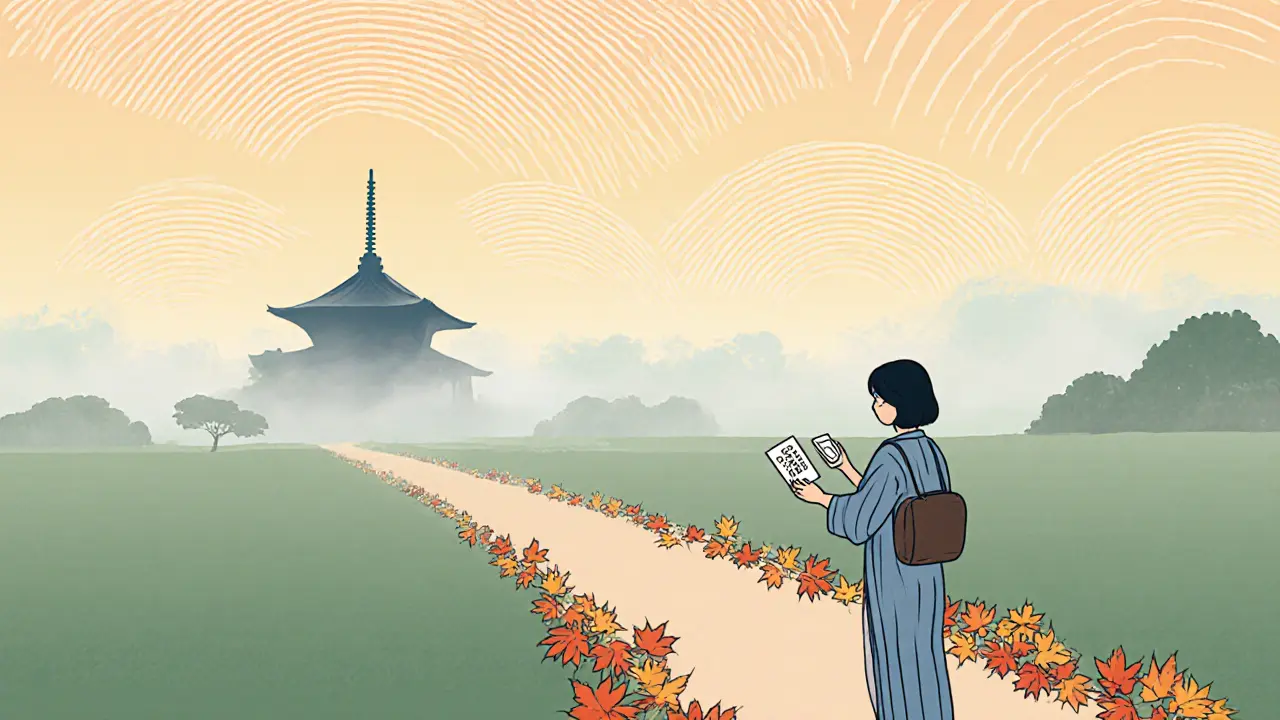 Přítel nabízí telefon a brožuru pod podzimními listy na cestičce.