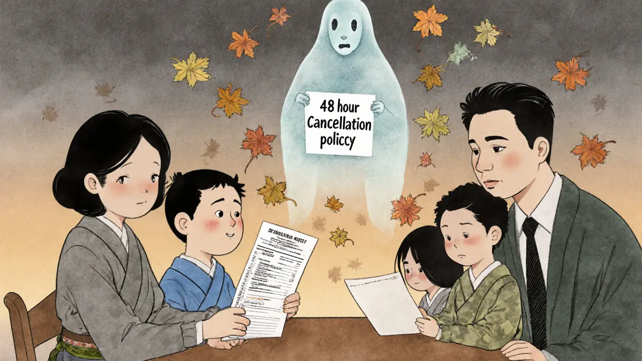 Rodina si prohlíží účtenky z terapie a hypotéky při tichém večerním osvětlení.