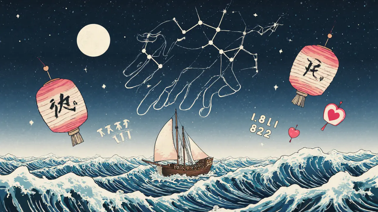 Small boat in stormy sea with a hand-shaped constellation reaching down, symbolizing hope and support.