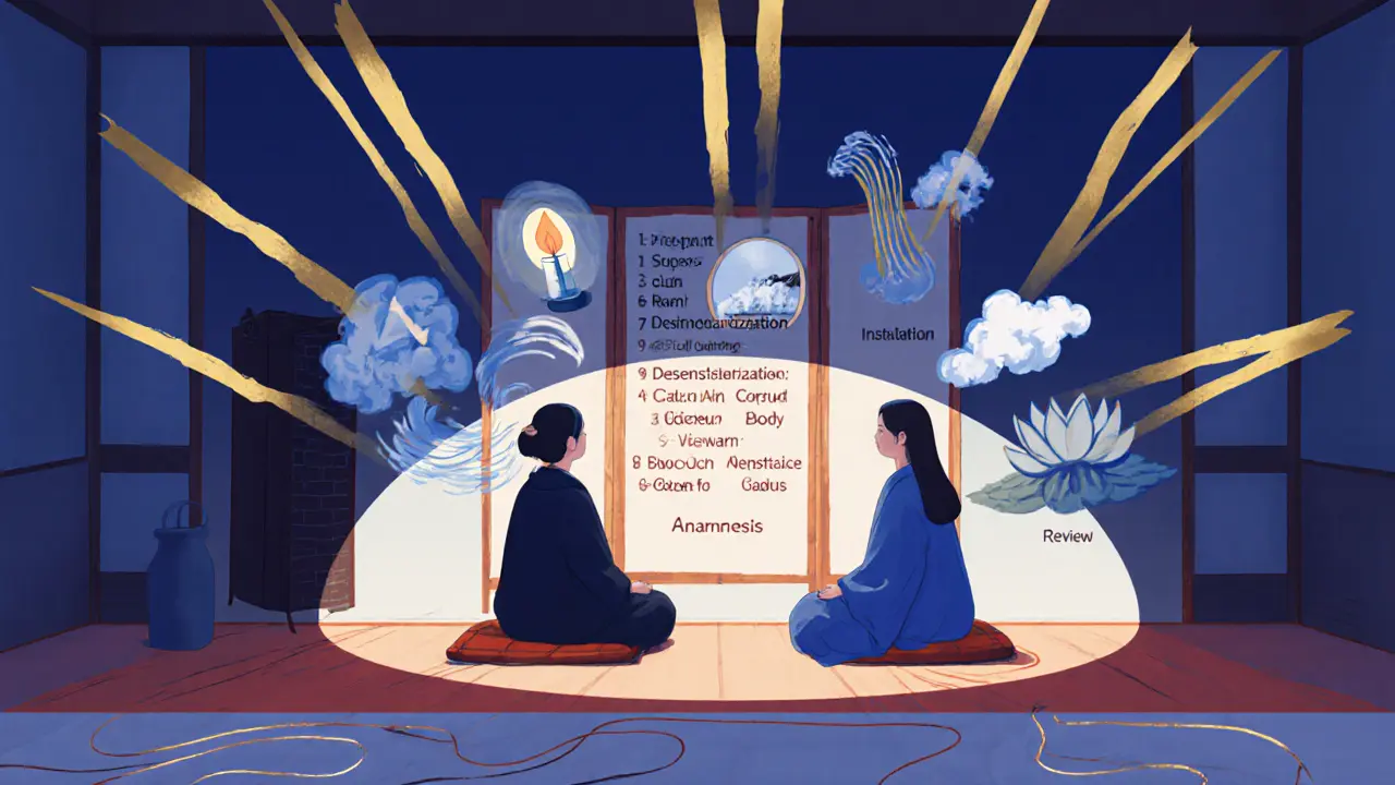 Terapeut a klient v místnosti s osmi vizuálními symboly fází EMDR.