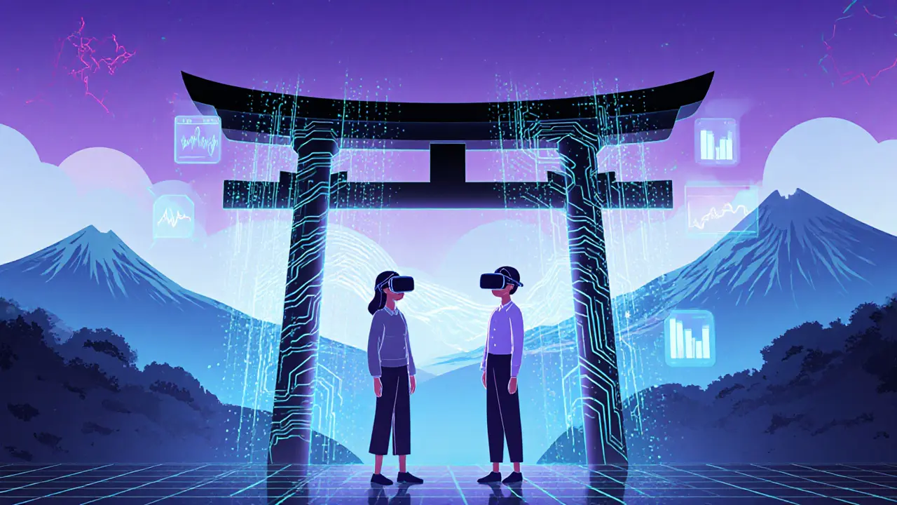 Terapeut a pacient ve VR s AI, uprostřed torii brány z datových toků, obklopeni futuristickými elementy.