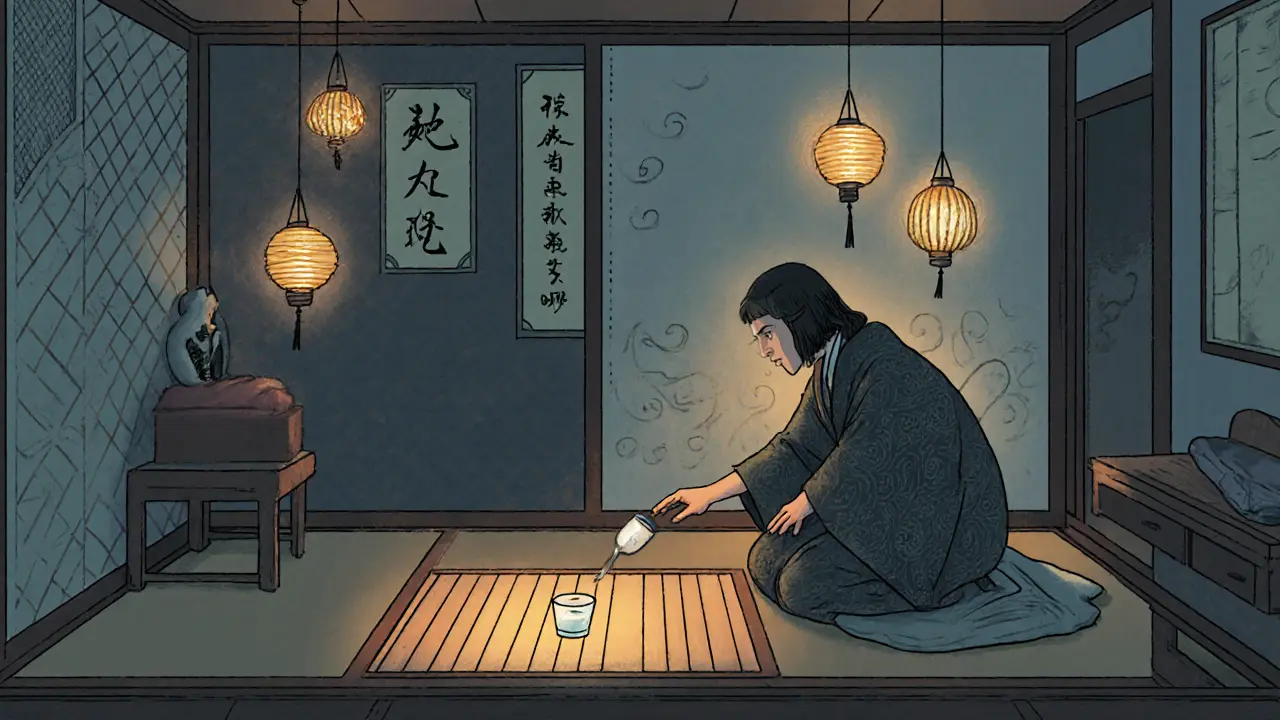 Terapeut provádí techniku grounding s klientem v bezpečném pokoji, podávají vodu.