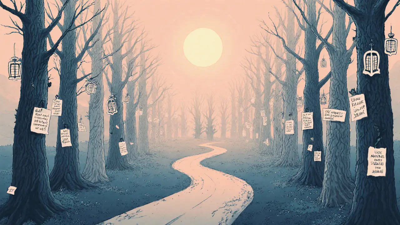 Cesta lesem s stromy představujícími čekací dobu, některé z nich kvetou s lampami naděje.