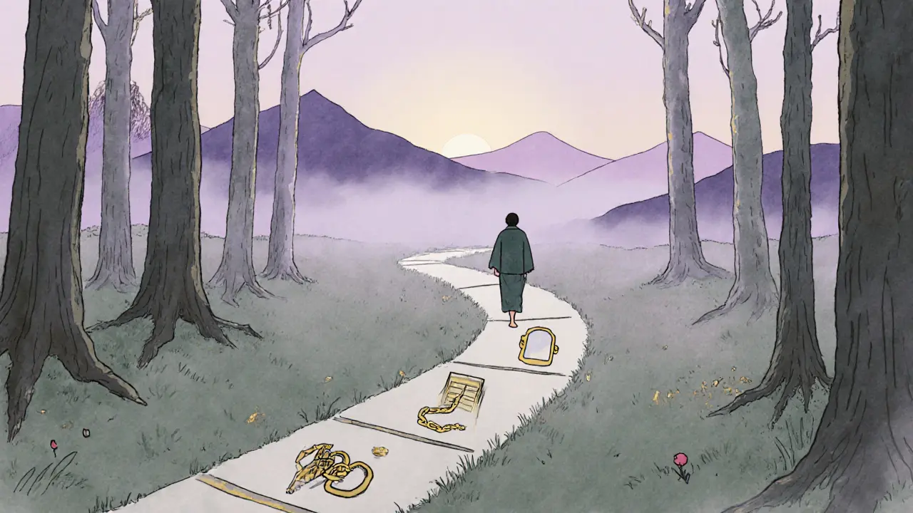 Cesta lesem s symbolickými značkami, osoba krokuje k pochopení sebe sama.