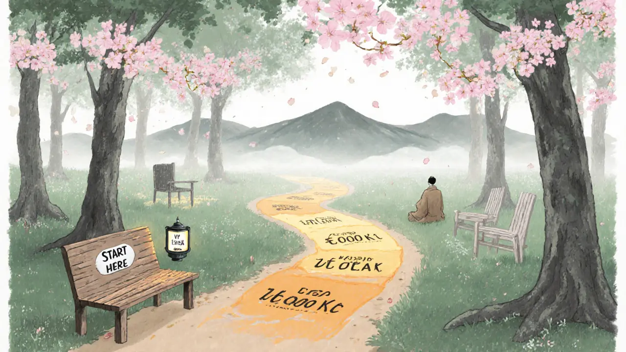 Cesta lesem s třemi cestami k psychoterapii, označenými různými příspěvky.