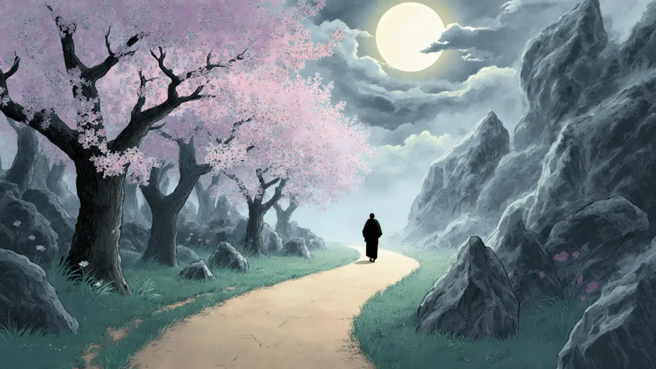 Cesta skrz les s dvěma stranami — jedna klidná, druhá bouřlivá — vede k měsíci jako symbolu sebeznalosti.