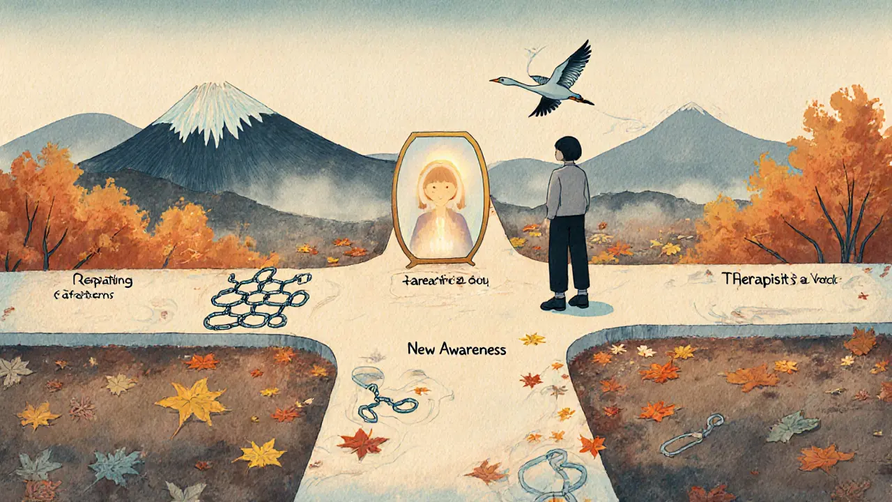 Člověk na křižovatce s třemi cestami, symbolizujícími opakování, vědomí a změnu.