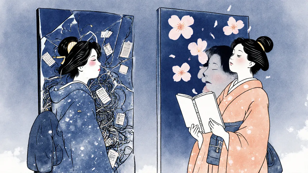 Člověk před zrcadlem, kde jedna strana je chaos, druhá klid — mezi nimi padají květy třešně, symbolizující přijetí sebe sama.