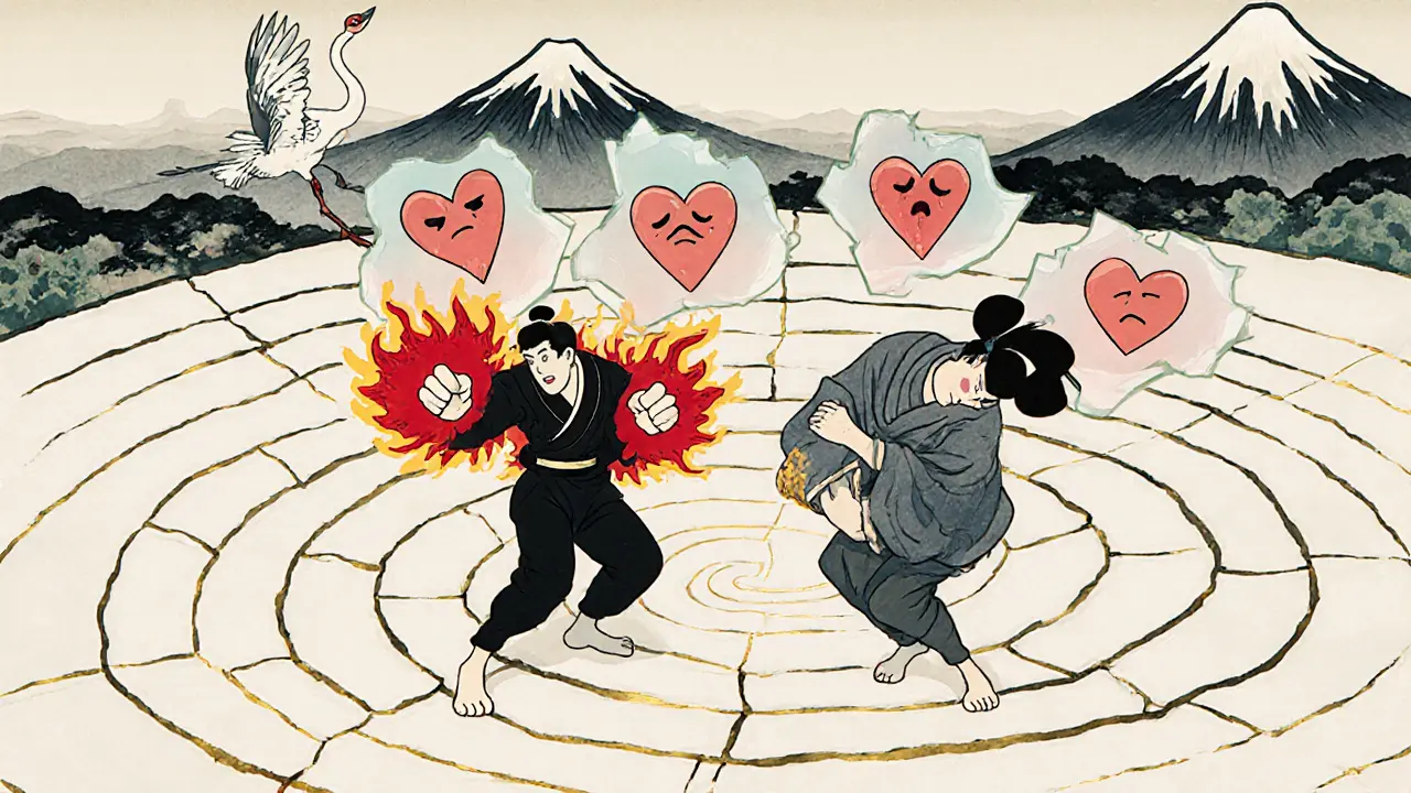 Dva postavy v kruhovém tanečním cyklu, nad nimi přehrávají se emoce strachu a osamělosti, pozadí klasický inkoustový krajinový motiv.