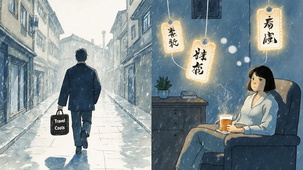 Dvě cesty: jedna přes dešťovou ulici s náklady, druhá doma s levnější online terapií, ceny v japonském stylu.