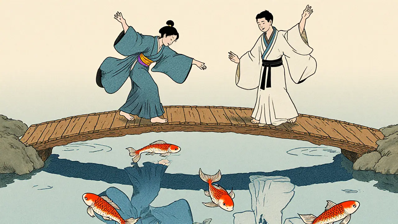 Dvě postavy na mostě tančí — jedna se pohybuje, druhá je zastavena, ale jejich odrazy se shodují.