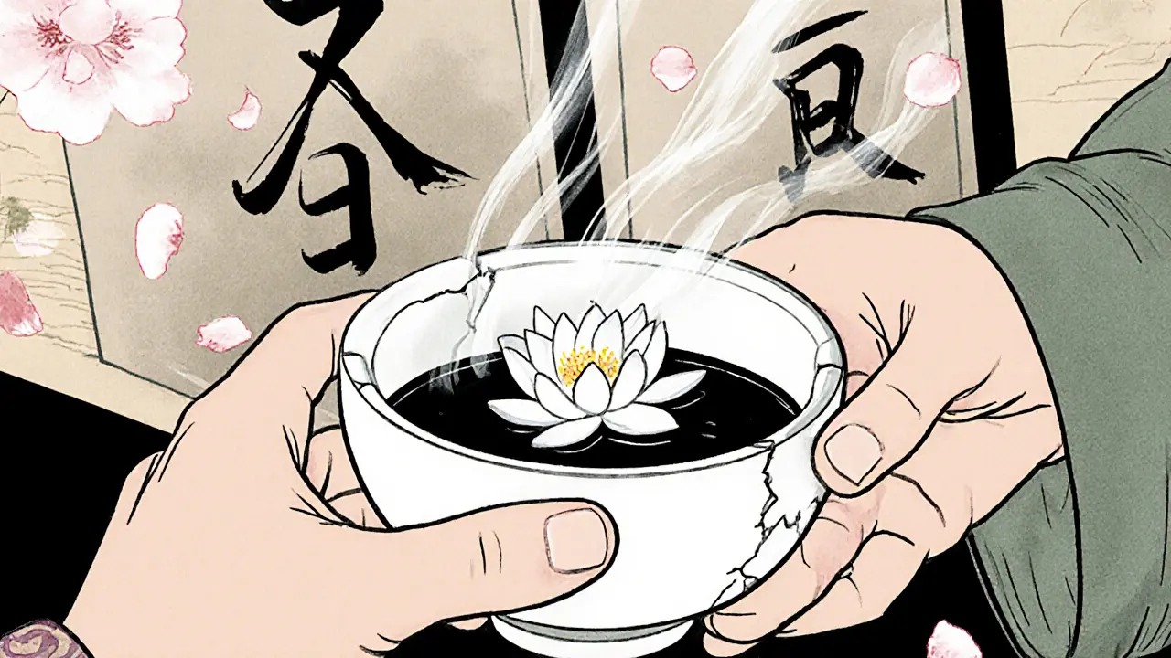 Dvě ruce: jedna drží rozbitou mísu, druhá klade do ní lotos, květy padají kolem.