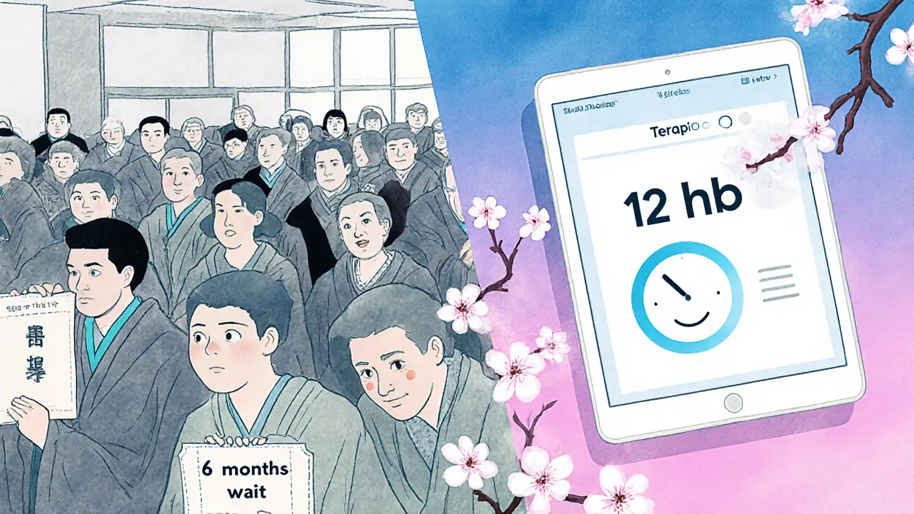 Dvě scény: dlouhá čekací doba v kanceláři vs. rychlé připojení k online terapii s časem 12 hodin.