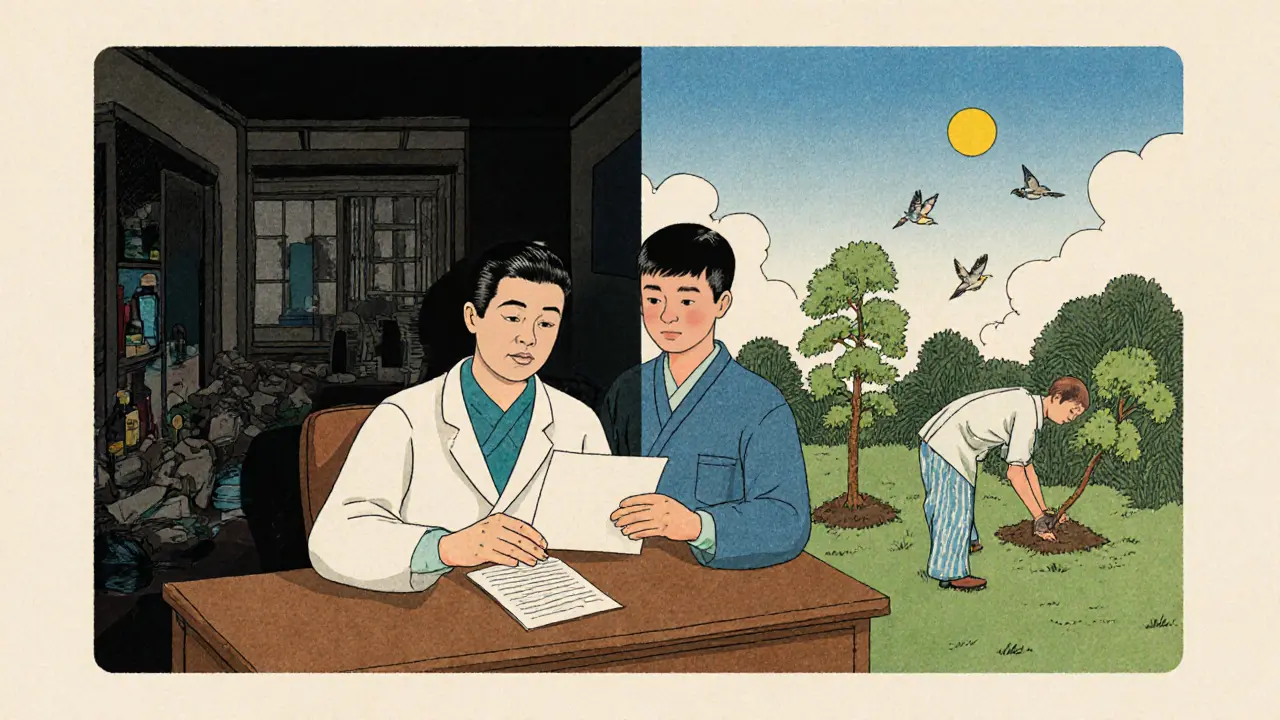 Dvě scény: temný byt vlevo, zahrada s stromkem vpravo, lékař podává pacientovi dopis.