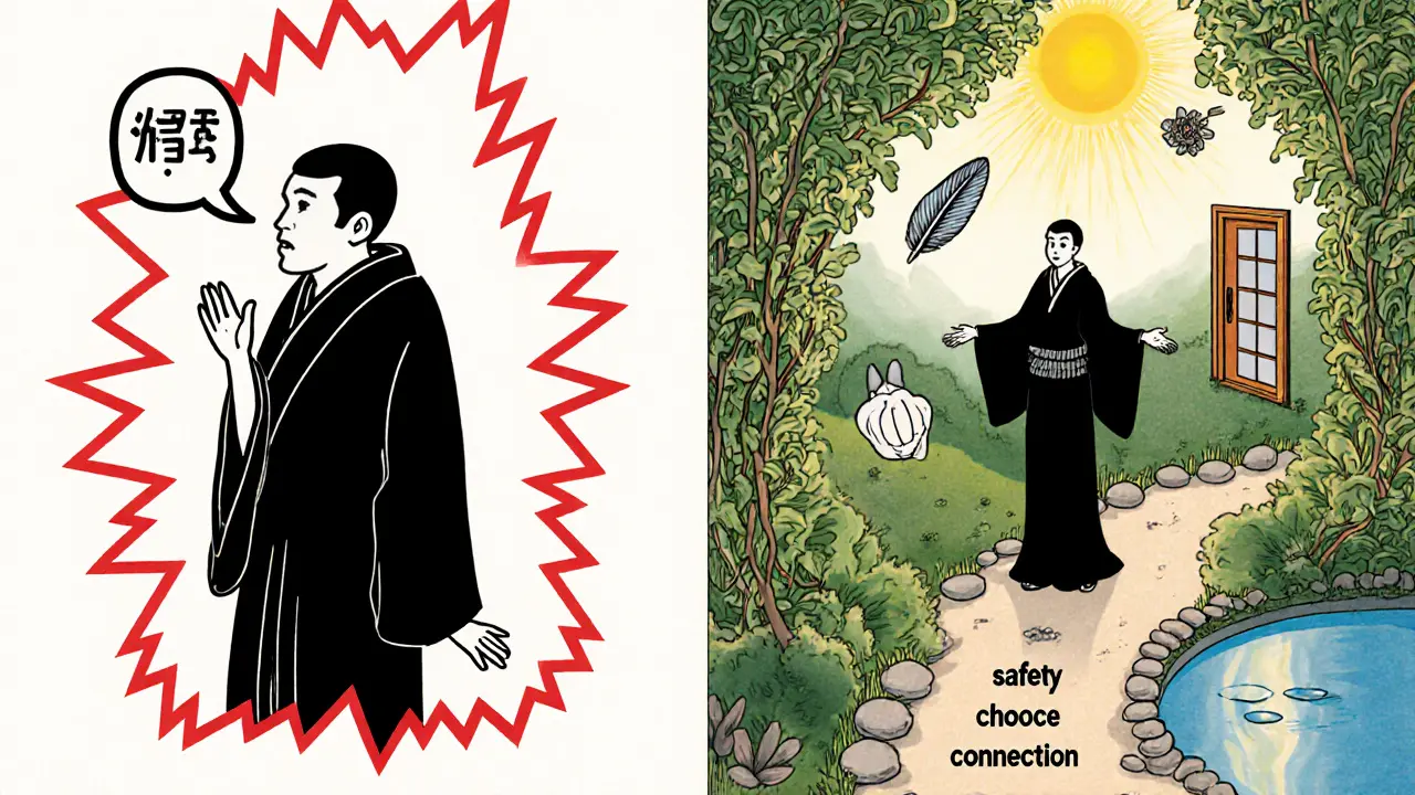 Dvě scény: vlevo strašný prostor s násilím, vpravo klidná zahrada s symboly volby a důvěry.