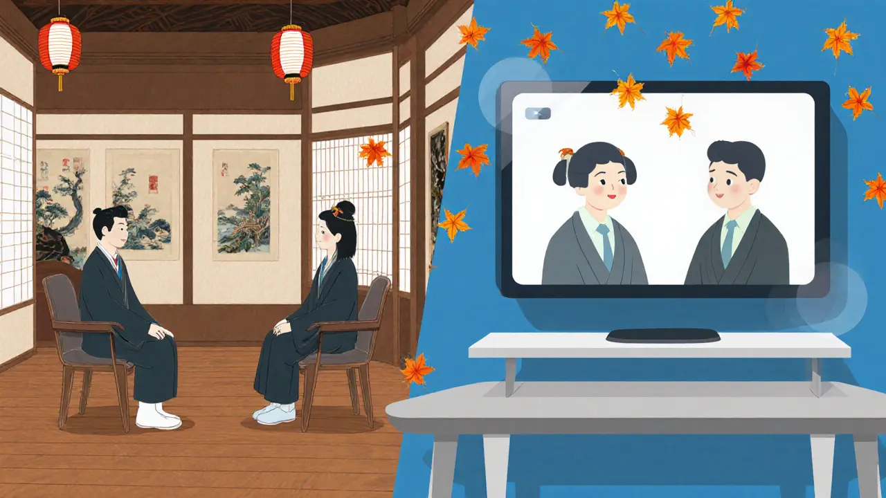 Hybridní terapeutická schůzka: dva lidé se setkávají osobně i na obrazovce, přitom okolo nich padají listy.