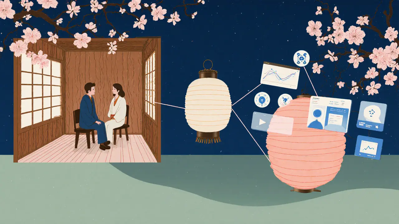 Hybridní terapie: osobní sezení přechází do digitálního prostoru, propojené čarou a květy šeříku.