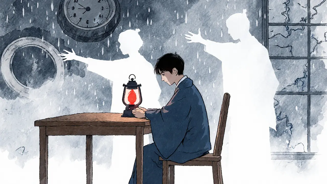 Jedna osoba drží lucernu, záře osvětluje polopřehledné obrazy bývalého partnera.