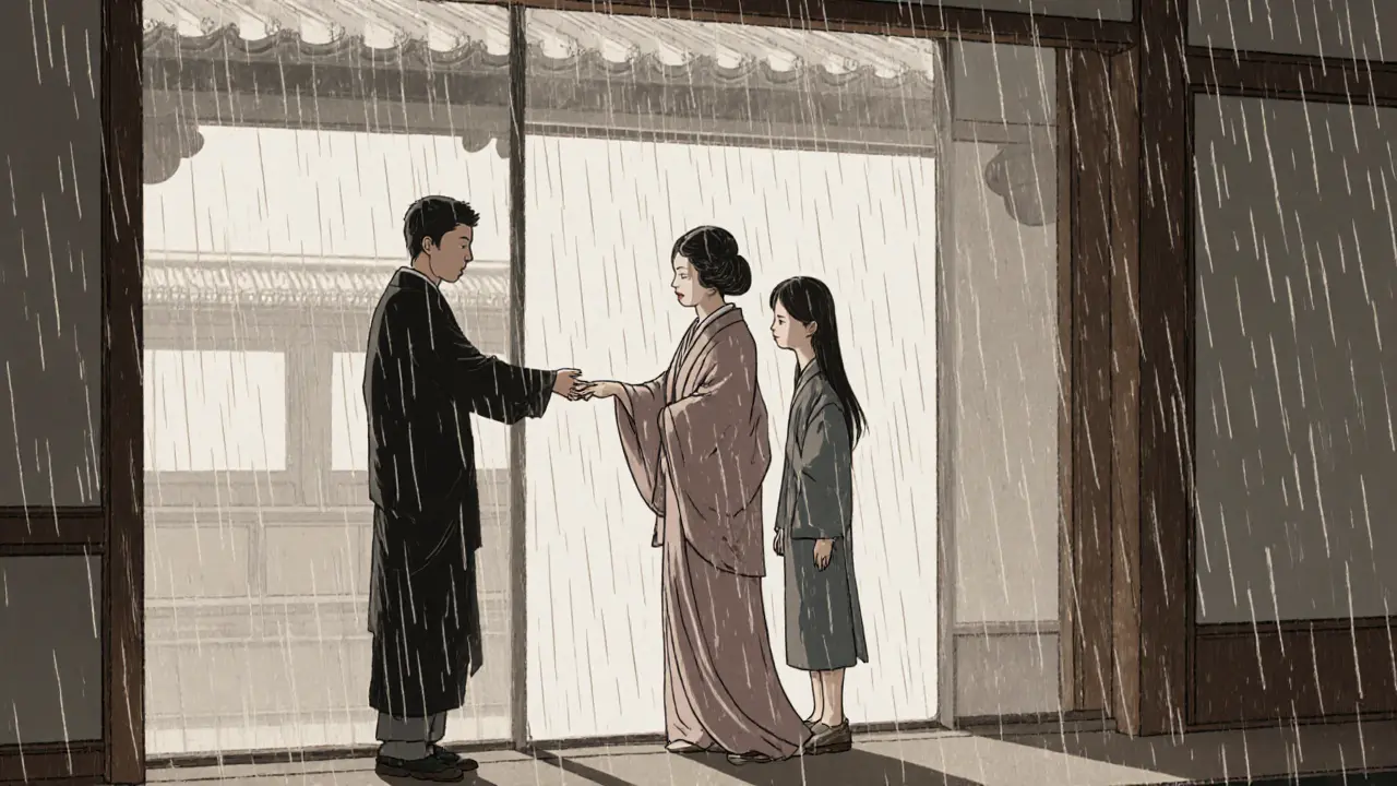 Klient a rodina se dotýkají rukou přes papírovou stěnu, déšť symbolizuje čistotu a obnovu.