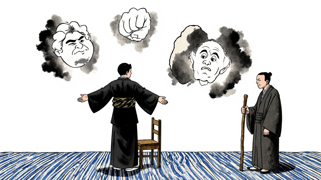 Klient mluví k prázdné židli, zatímco v okolí plavou stíny emocí v japonském stylu.