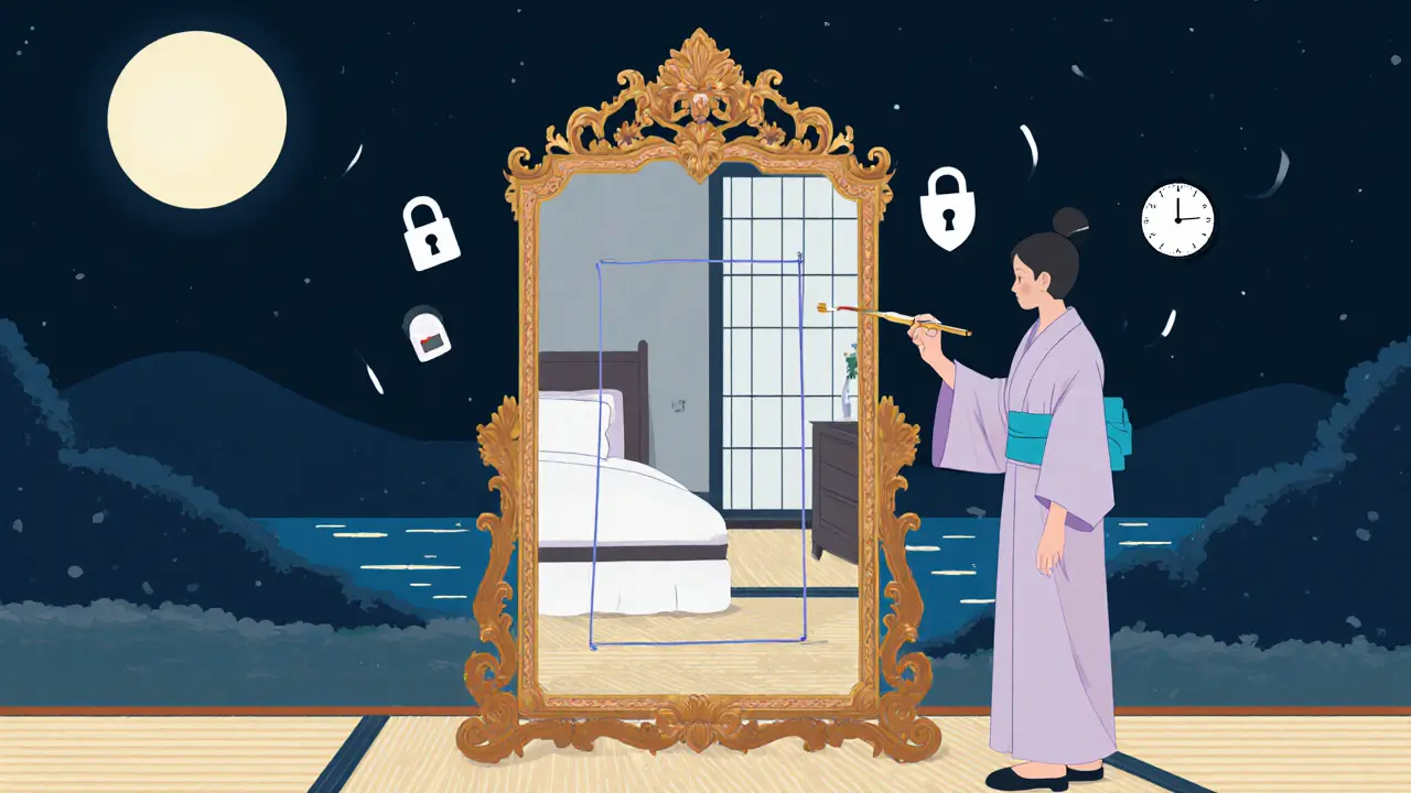 Klient stojí před zrcadlem, které odhaluje jeho bezpečné prostředí, zatímco terapeut kreslí ochrannou hranici.