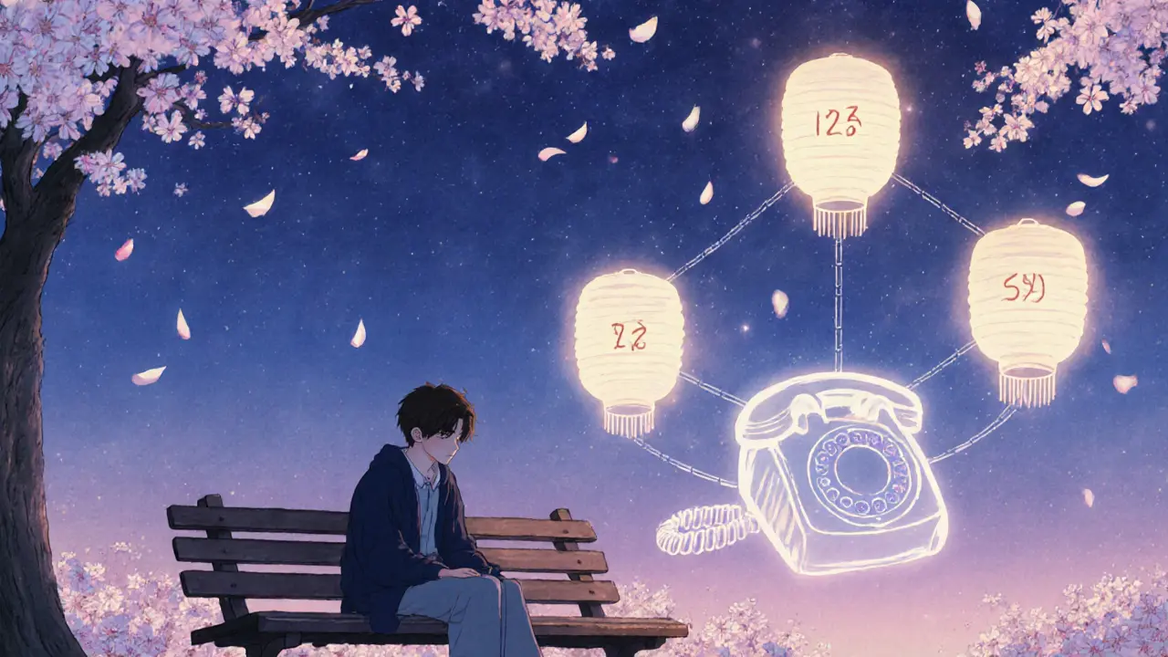 Mladý člověk na lavičce, květy tancují ve vzduchu, tři svítící čísla linkové pomoci visí nad ním.