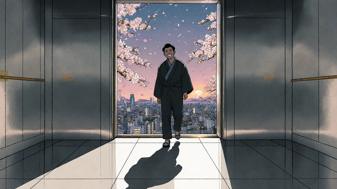 Muž klidně vystupuje z výtahu, symbolizující překonání fobie.