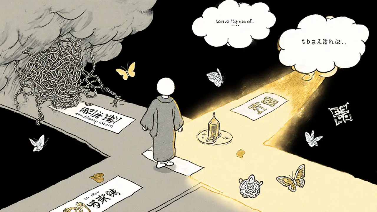 Osoba kročí po cestě hodnot, zatímco myšlenky se mění v motýly.