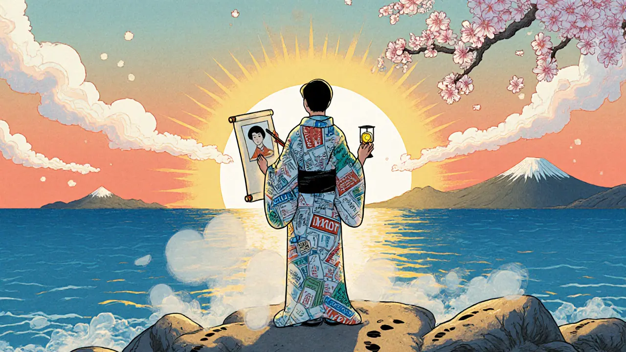 Osoba na pobřeží rozptýlí diagnostické štítky, kreslí novou podobu sebe sama.