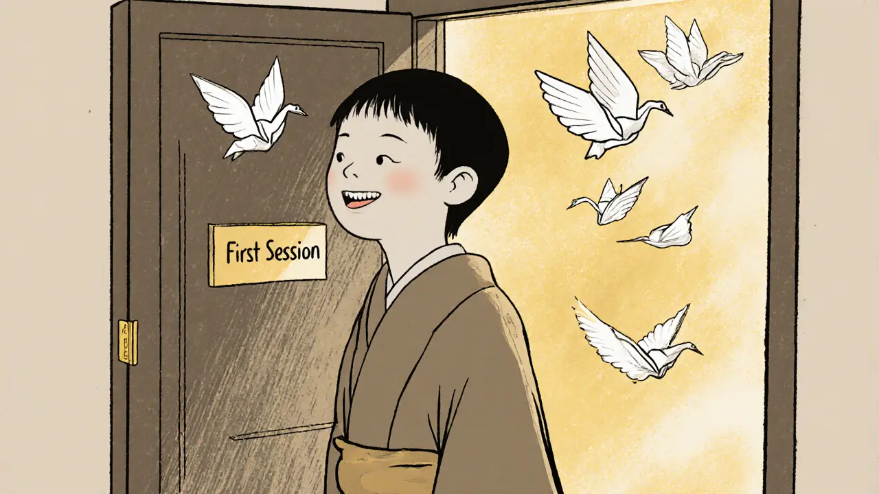 Osoba odchází od dveří prvního sezení, za ní plavou symboly důvěry a volby jako origami.