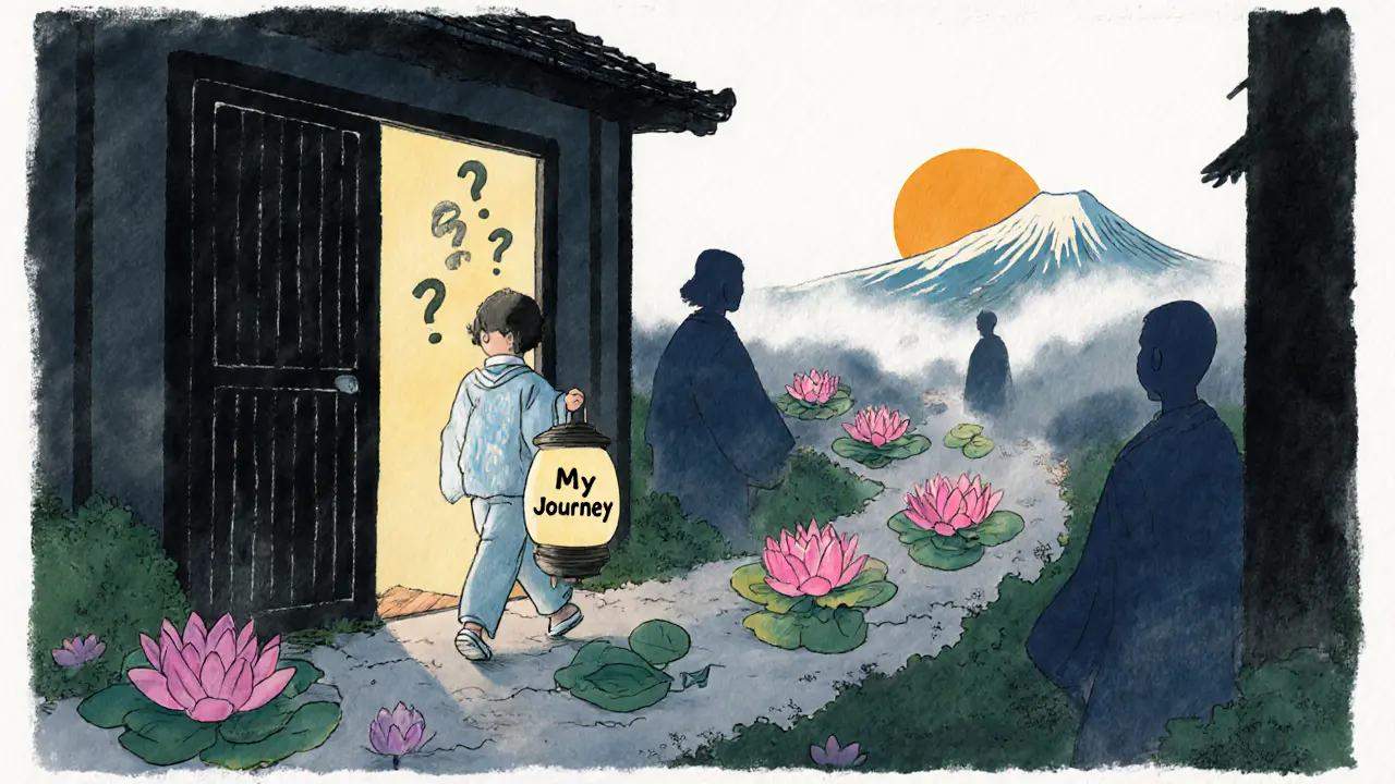 Osoba odchází s lucernou &#039;Můj cestou&#039;, cesta se mění z otazníků na lotosy, za ní zmizí stíny terapeutů.