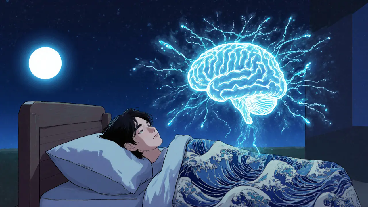 Osoba spí v pokoji s měsíčním světlem, mozek nad ní se čistí jako inkoust ve vodě.