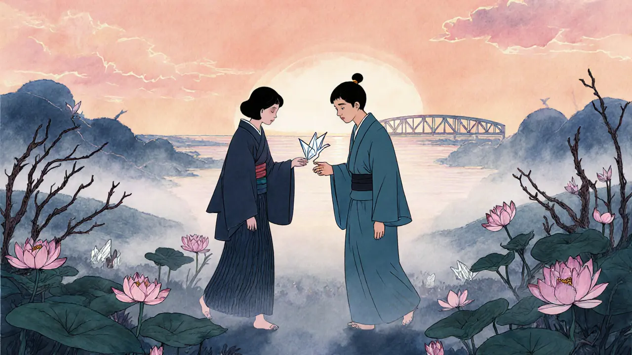 Pár kročí po zahradě, kde kvete lotos, terapeut je vede k mostu ze světla — symbol obnovy vztahu.