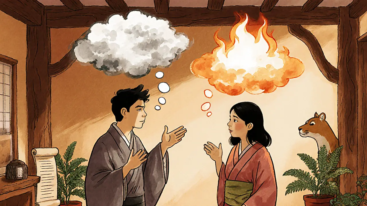 Pár se baví v českém domě, emoce znázorněny jako černé a červené mraky, terapeut pozoruje.