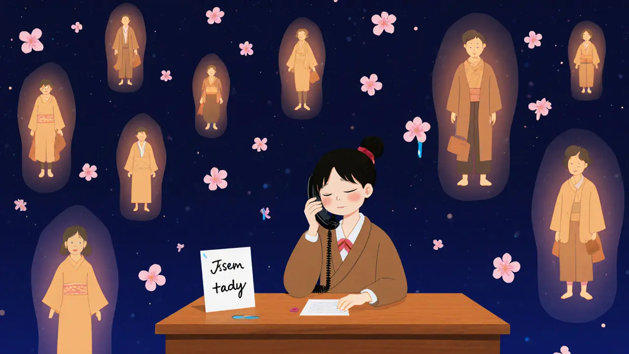 Poradce na krizové lince slyší hovor, kolem něj se rozptylují postavy truchlících.