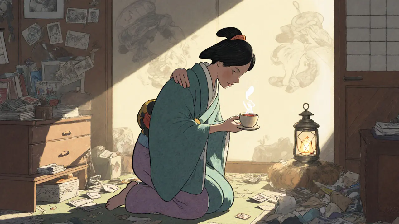 Poradkyně sedí u ženy na zemi, drží čaj, kolem nich jsou věci zemřelého.