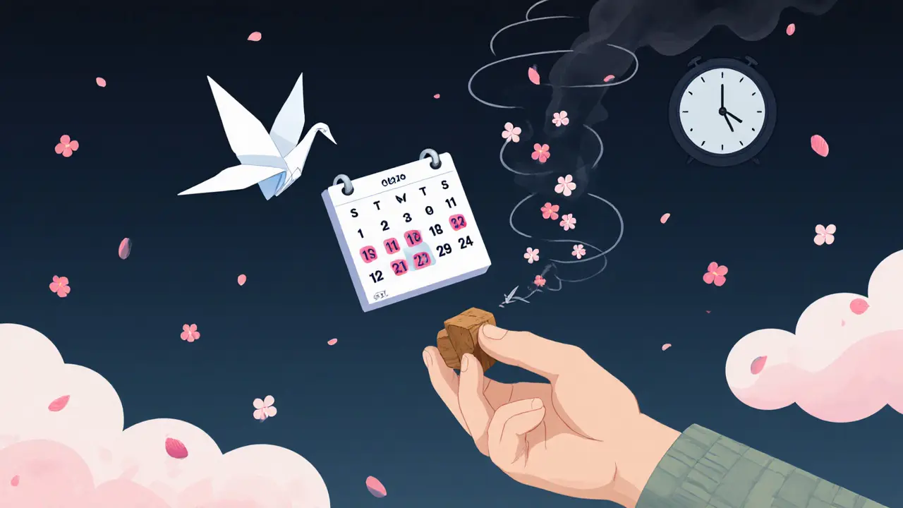 Ruka drží fidget kostku vedle digitálního kalendáře ve tvaru papírového draka.